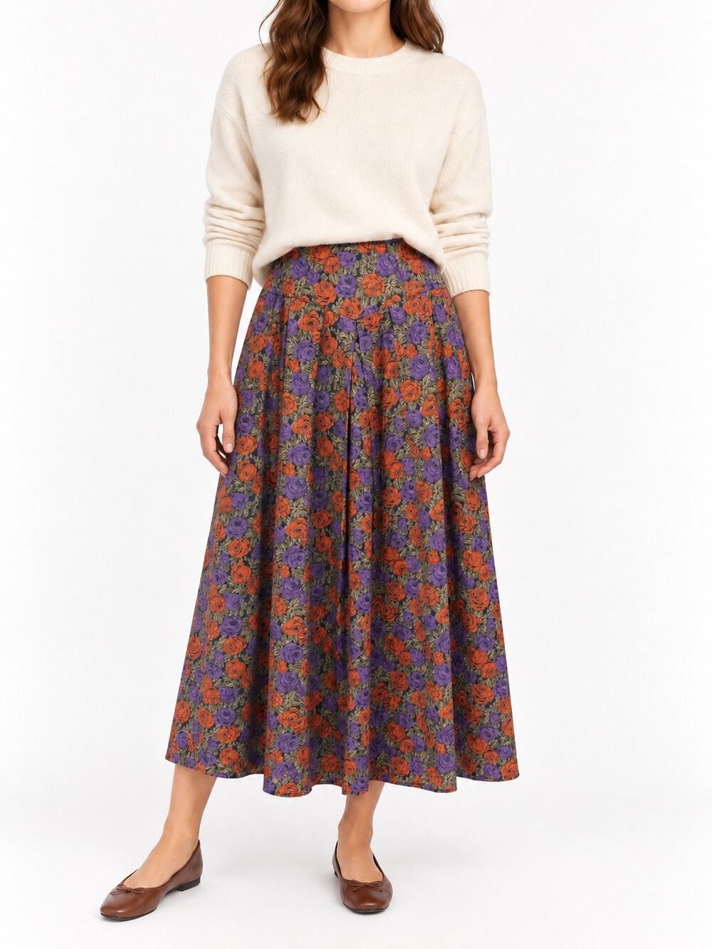 VINTAGE Herman Geist Floral Maxi Skirt Size 10 Rayon Made in Japan Pleated Roses